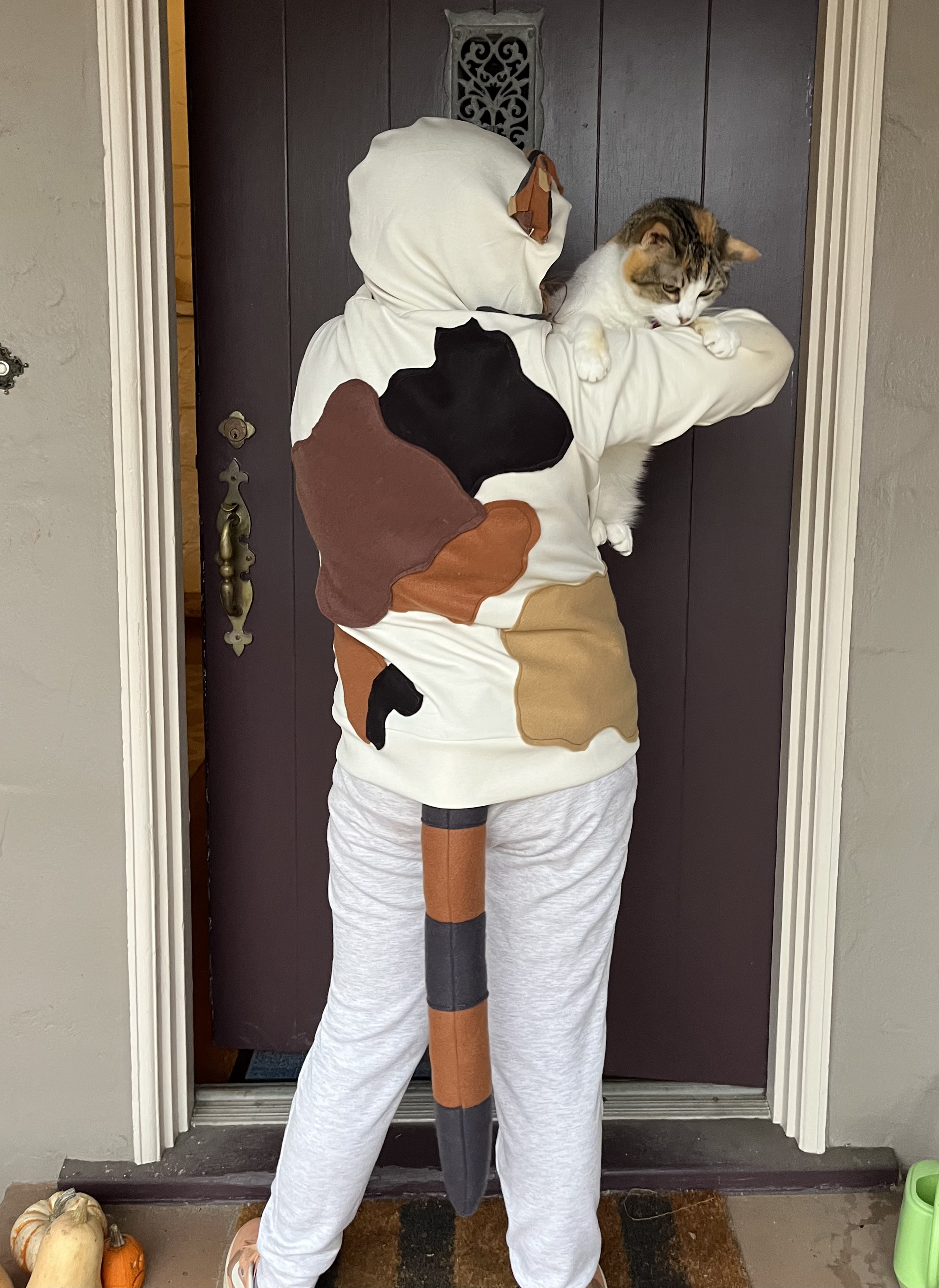 Felt patches sewn onto a cream colored hoodie along with a tail to make a calico cat costume