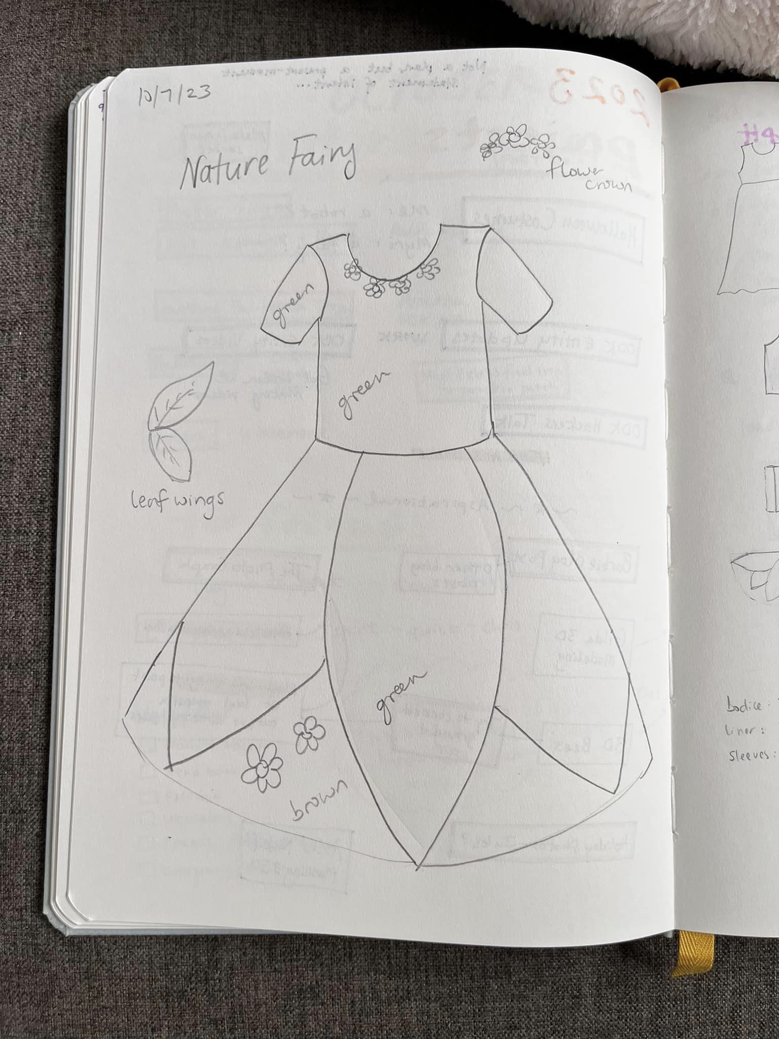 Revamped pencil sketch of a dress with short sleeves and petal shapes in the a-line skirt