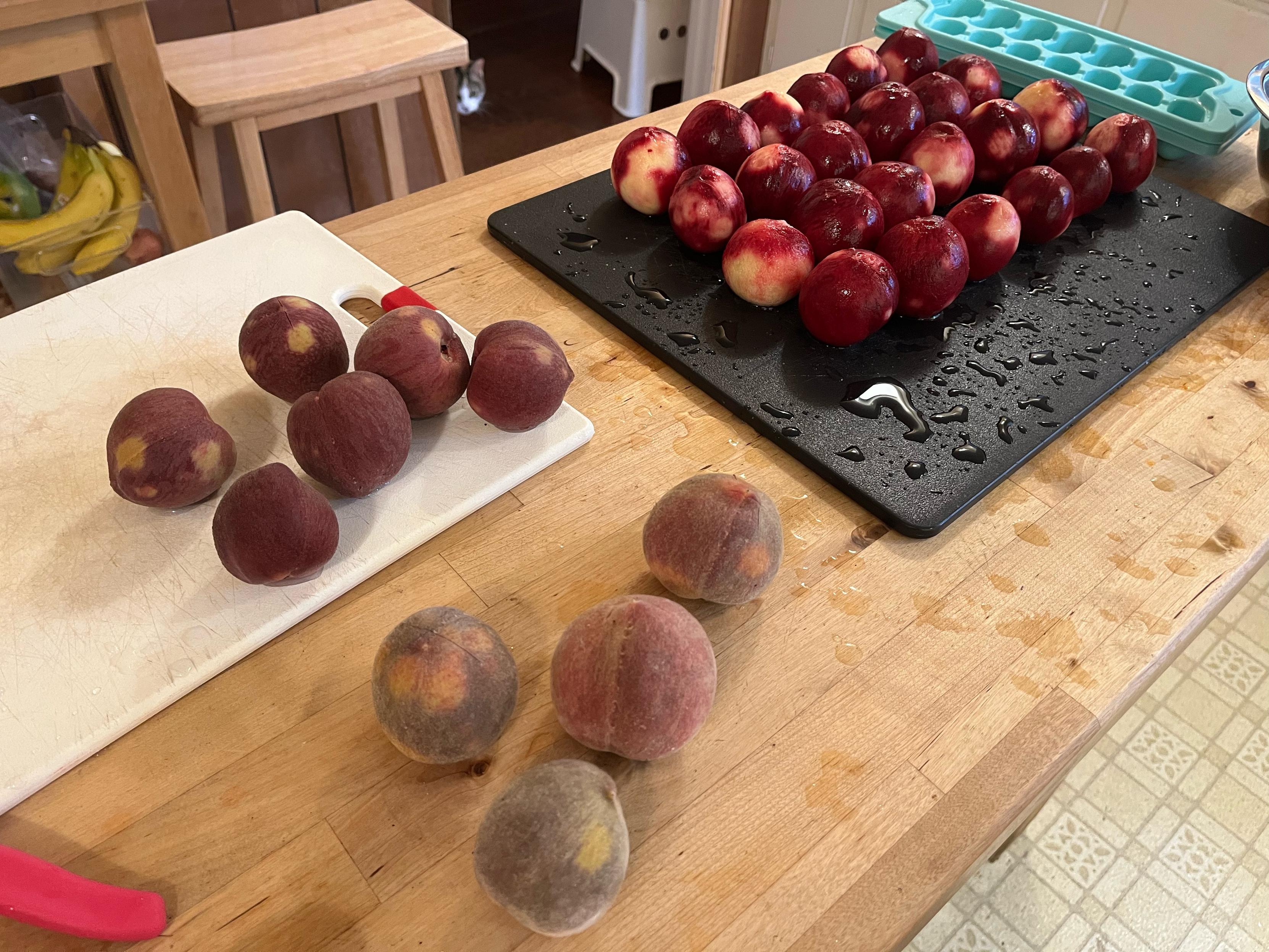 Peaches laying on a wooden kitchen island. 4 in front are dry and fuzzy. Several in back left are darker and turning from brown to a sort of reddish, many in back right are brighter: a deep red with yellow splotches, all shiny and wet and peeled and lined up on a black cutting board.