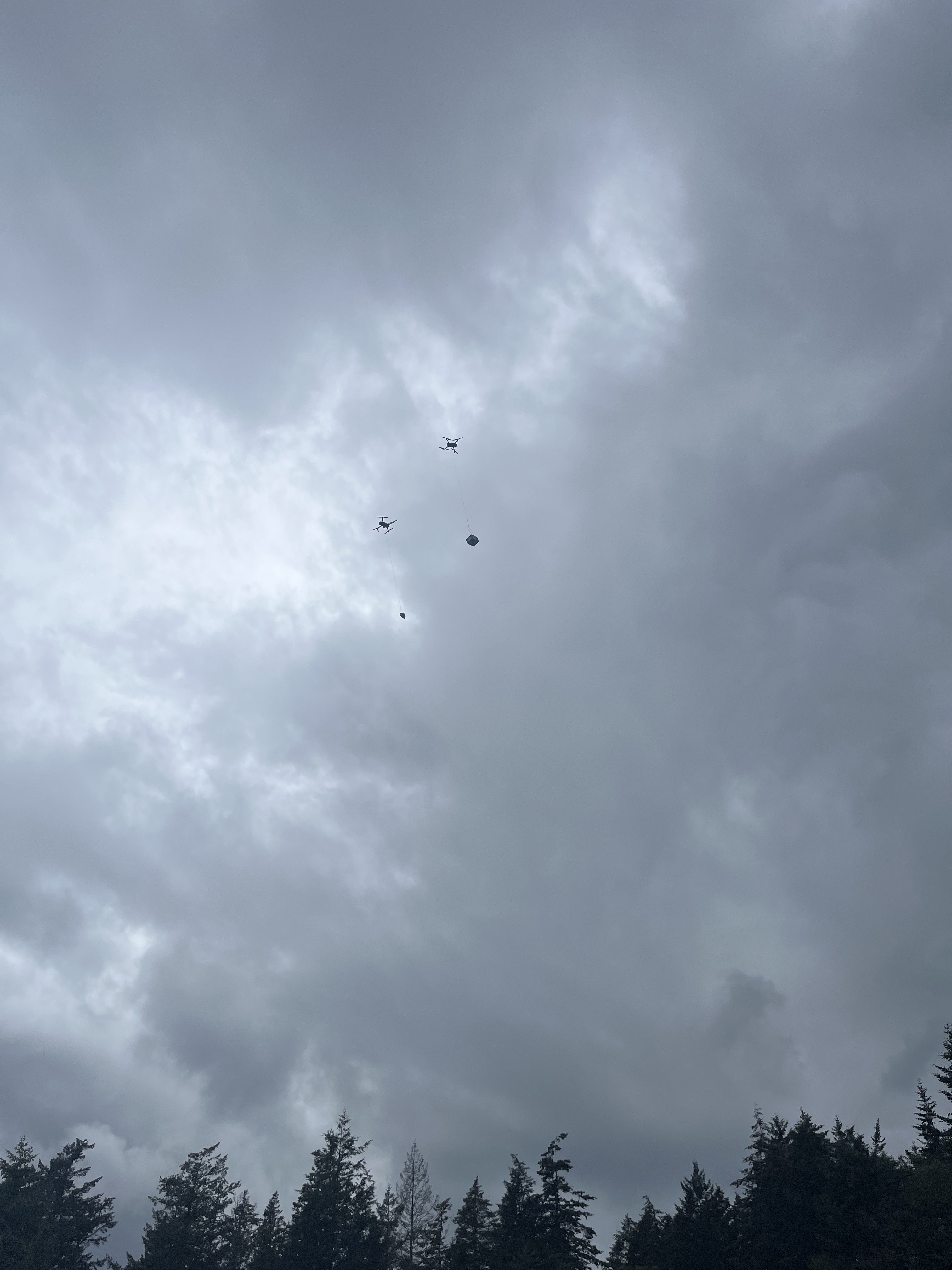 Two quadcopters in the sky, each holding a taco